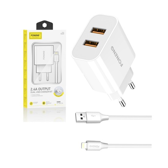 Foneng Fast Wall Charger EU45 with iPhone Cable 2 USB 2.4A White